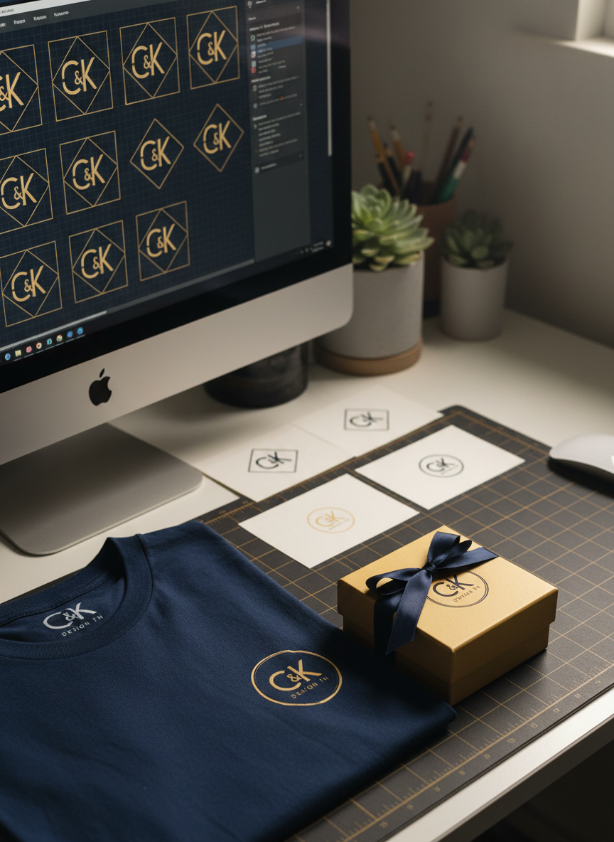 A close-up, photographic view of a branding project in progress on a tidy studio desk: a high-resolution screen displaying a logo refinement grid, beside printed logo variations aligned on a dark, matte cutting mat. Nearby, a neatly folded t-shirt and a small gift box both feature the finalized mark in a consistent brand color palette of deep navy and warm gold. Soft, directional studio lighting from the right creates defined yet gentle shadows that emphasize texture in the paper and textiles. Shot from a slightly elevated angle with a shallow depth of field, the focal point is the interplay between digital and physical outputs, highlighting C & K Design TN’s ability to translate ideas into cohesive brand systems ready for promotion and e-commerce.