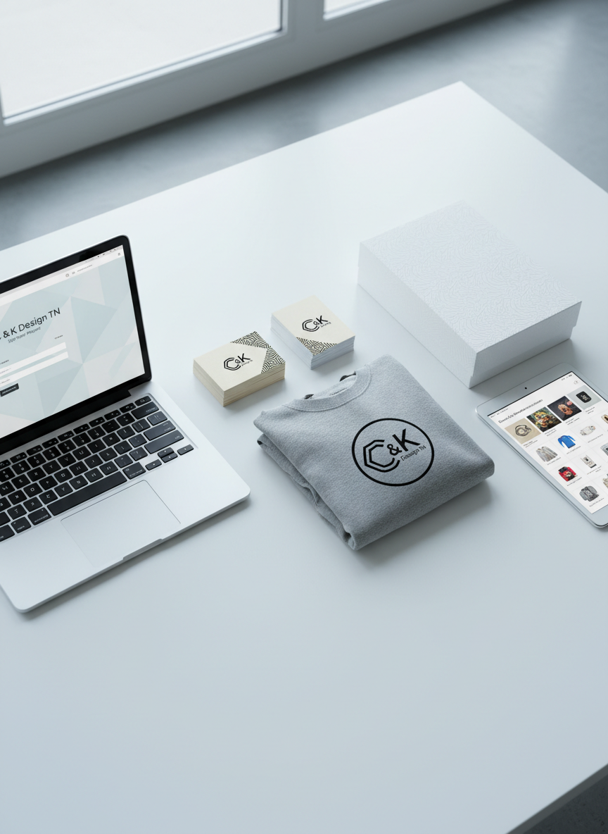 A carefully arranged flat lay of completed design projects on a smooth white tabletop: a laptop open to an elegant service inquiry form page, printed business cards with geometric logo designs, a folded hoodie with a crisp, centered emblem, and a sleek product packaging box with subtle patterns. A digital tablet shows an e-commerce merchandise grid with neatly organized thumbnails. Cool, diffused daylight from above casts soft, barely-there shadows, emphasizing clarity and order. The composition follows the rule of thirds with each project type occupying its own visual zone. Photographic realism with a clean, modern aesthetic creates a professional, organized mood that highlights the breadth of services offered by C & K Design TN, from branding to digital and physical collateral.