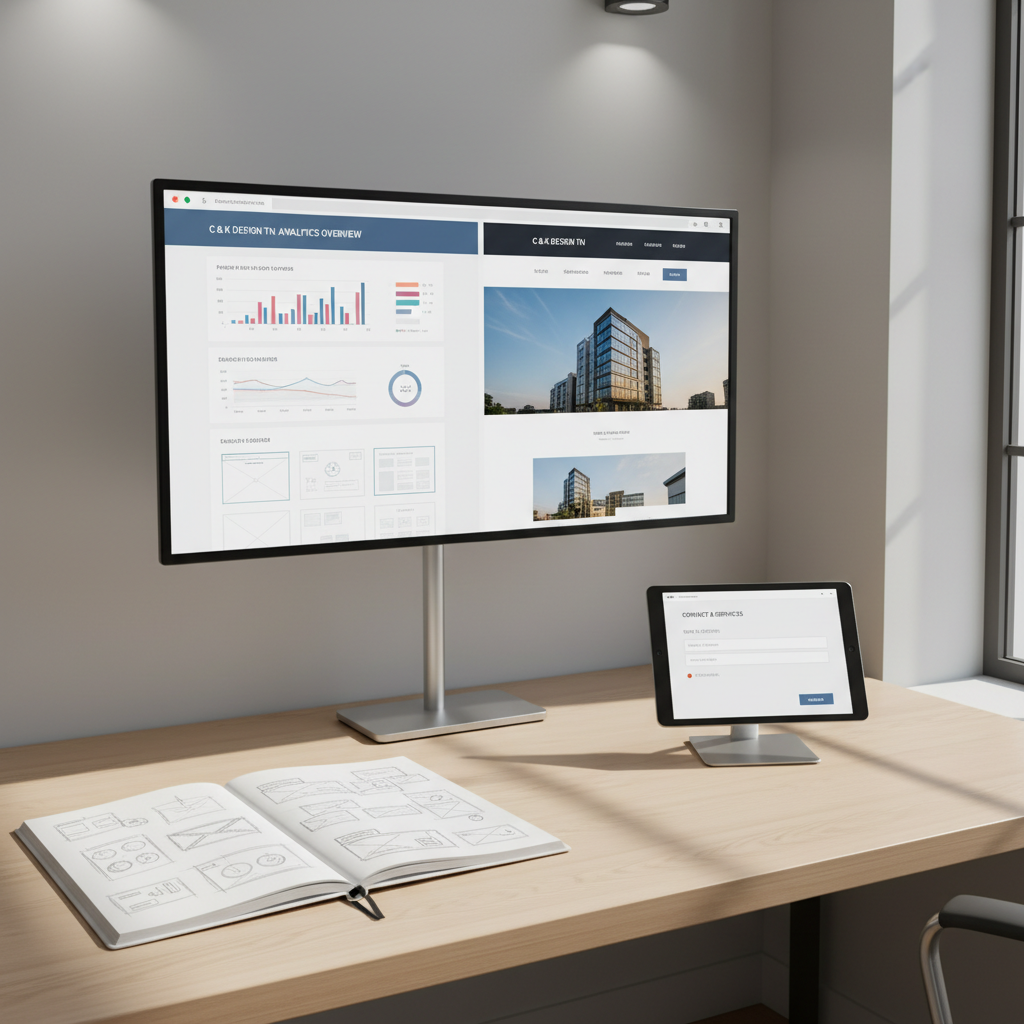 An elegant, minimal office corner showcasing the strategic side of C & K Design TN: a large, wall-mounted monitor displays a clean, data-informed website analytics dashboard beside a high-fidelity homepage layout, while the nearby desk surface holds an open notebook filled with abstract, non-readable layout sketches and icon ideas. A tablet on a slim stand shows a polished contact and service selection form. Natural light from a tall, unseen window to the right creates soft, diagonal highlights across the desk and monitor edges, balanced by gentle overhead illumination. Photographic realism, composed at eye level with clear focus throughout, creates a calm, confident mood that communicates professionalism, planning, and the transformation of ideas into successful, measurable design outcomes.