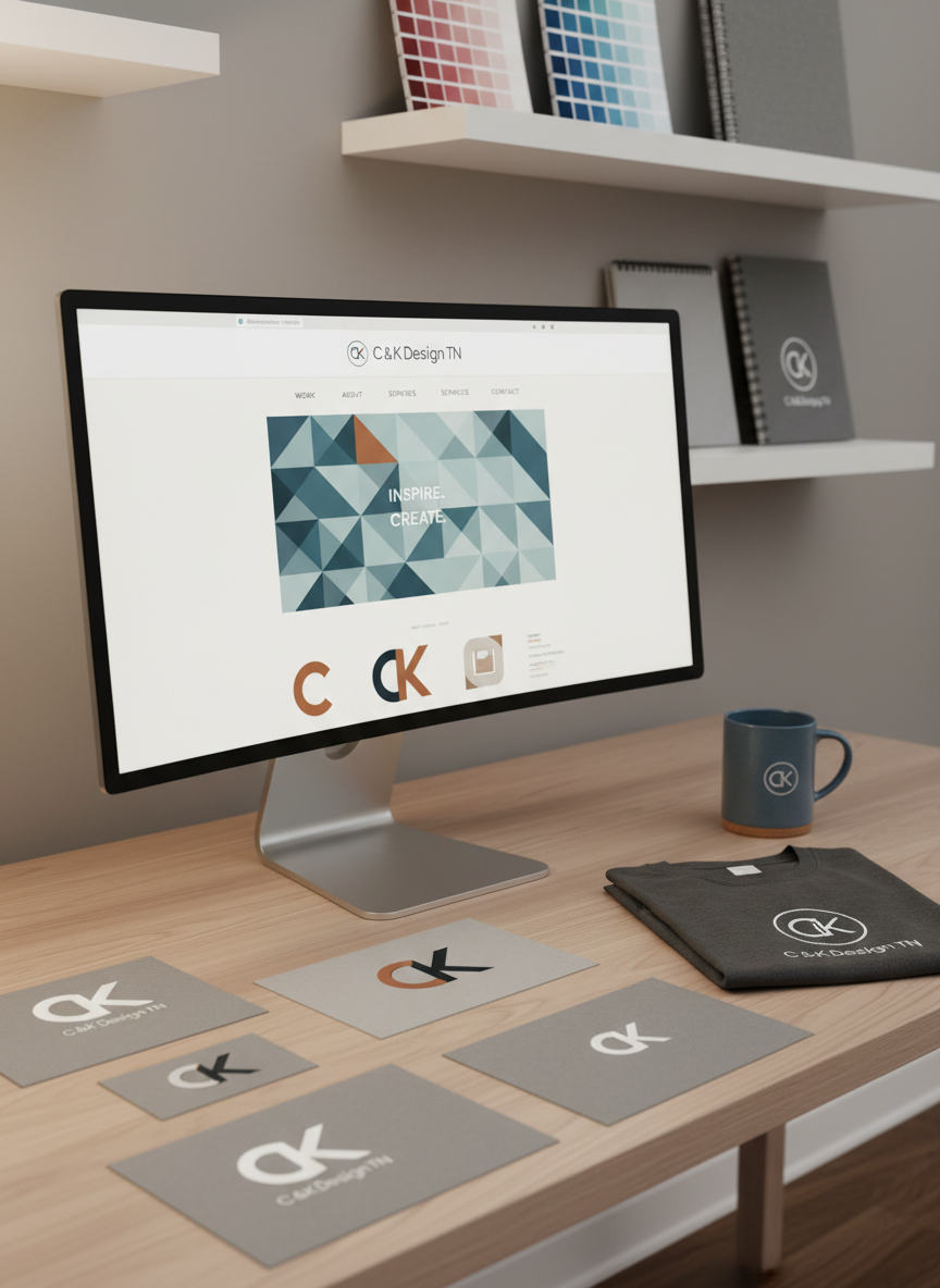 A sleek, modern design studio workstation featuring a large ultra-wide monitor displaying a clean website homepage mockup for “C & K Design TN,” surrounded by neatly arranged logo concepts on heavy matte cardstock and branded merchandise prototypes like a folded t-shirt and a coffee mug. The desk surface is a light oak wood with a subtle grain, set against a soft gray wall with minimalist shelving holding color swatch books and sketchpads. Soft studio lighting from the left creates gentle highlights on edges and a calm, professional atmosphere. Photographic realism, eye-level composition with shallow depth of field keeps the monitor and printed designs in sharp focus while the background fades into a tasteful blur, conveying a polished, high-end creative studio environment.