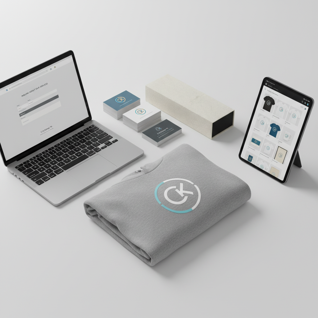 A carefully arranged flat lay of completed design projects on a smooth white tabletop: a laptop open to an elegant service inquiry form page, printed business cards with geometric logo designs, a folded hoodie with a crisp, centered emblem, and a sleek product packaging box with subtle patterns. A digital tablet shows an e-commerce merchandise grid with neatly organized thumbnails. Cool, diffused daylight from above casts soft, barely-there shadows, emphasizing clarity and order. The composition follows the rule of thirds with each project type occupying its own visual zone. Photographic realism with a clean, modern aesthetic creates a professional, organized mood that highlights the breadth of services offered by C & K Design TN, from branding to digital and physical collateral.