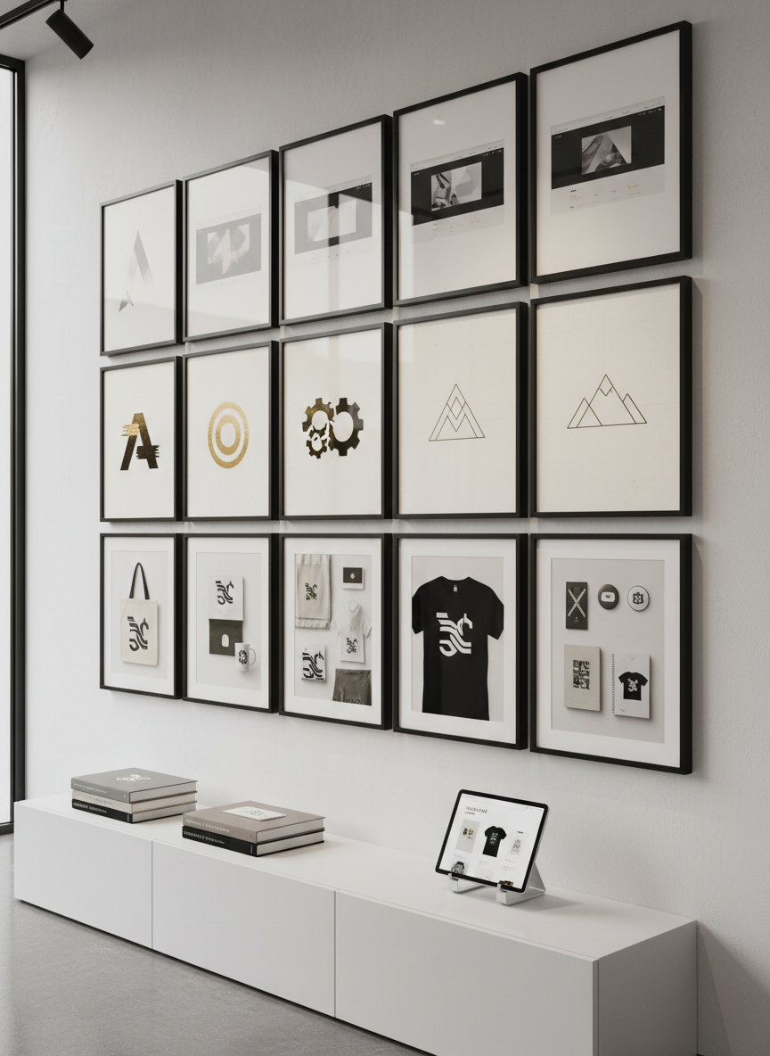 A polished studio showcase wall featuring a grid of framed design pieces: mockups of websites on minimalist screens, bold logo explorations on textured paper, and lifestyle photos of branded merchandise such as tote bags and mugs. Below the wall, a low white console displays stacked portfolio books and a tablet resting on a stand, showing an online shop interface for design-inspired apparel. Soft, even gallery-style lighting washes the wall, creating subtle shadows around the frames and a sense of depth. Photographic realism, shot from a slightly angled perspective to reveal the full arrangement, conveys a curated, gallery-like atmosphere that feels professional, aspirational, and focused on unlocking clients’ visual potential.