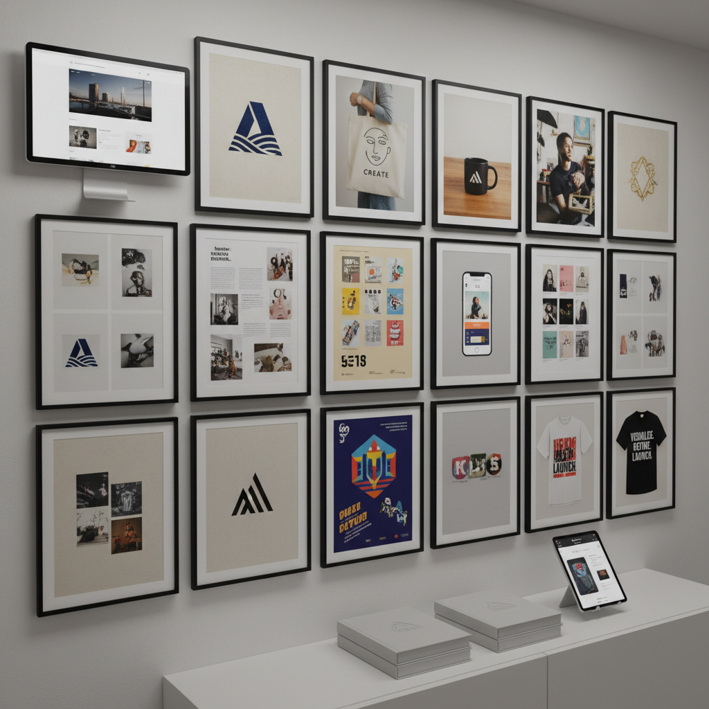 A polished studio showcase wall featuring a grid of framed design pieces: mockups of websites on minimalist screens, bold logo explorations on textured paper, and lifestyle photos of branded merchandise such as tote bags and mugs. Below the wall, a low white console displays stacked portfolio books and a tablet resting on a stand, showing an online shop interface for design-inspired apparel. Soft, even gallery-style lighting washes the wall, creating subtle shadows around the frames and a sense of depth. Photographic realism, shot from a slightly angled perspective to reveal the full arrangement, conveys a curated, gallery-like atmosphere that feels professional, aspirational, and focused on unlocking clients’ visual potential.