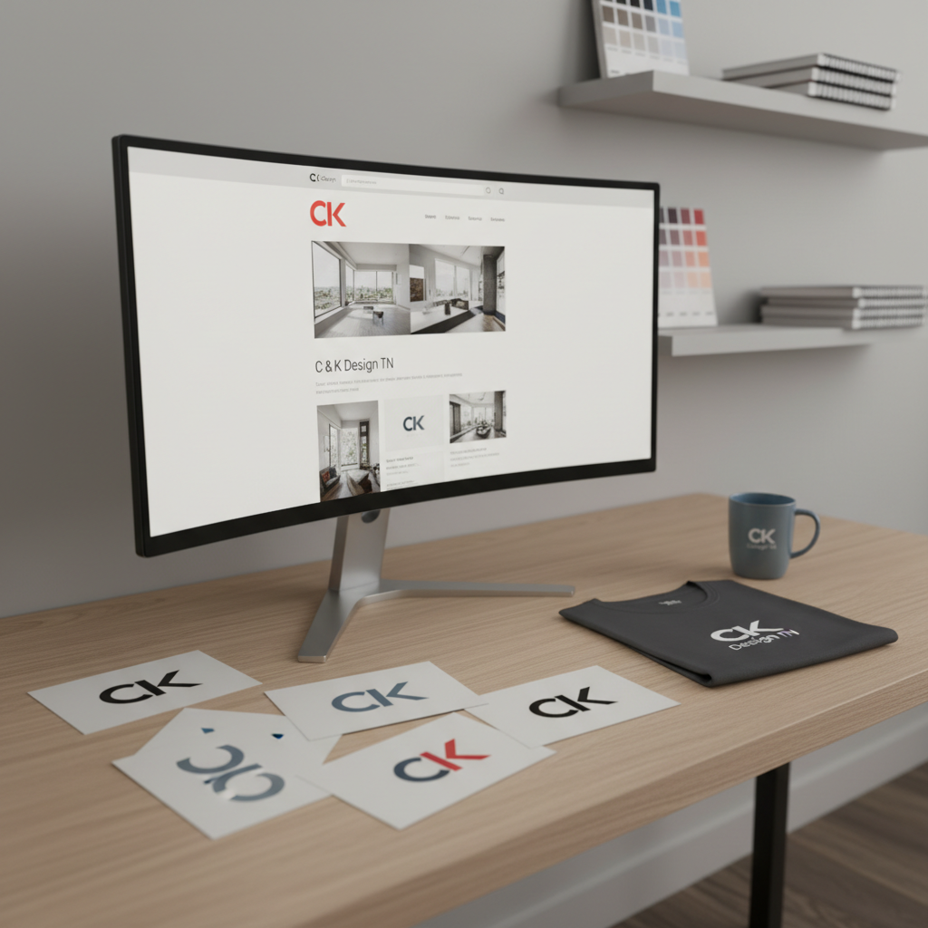 A sleek, modern design studio workstation featuring a large ultra-wide monitor displaying a clean website homepage mockup for “C & K Design TN,” surrounded by neatly arranged logo concepts on heavy matte cardstock and branded merchandise prototypes like a folded t-shirt and a coffee mug. The desk surface is a light oak wood with a subtle grain, set against a soft gray wall with minimalist shelving holding color swatch books and sketchpads. Soft studio lighting from the left creates gentle highlights on edges and a calm, professional atmosphere. Photographic realism, eye-level composition with shallow depth of field keeps the monitor and printed designs in sharp focus while the background fades into a tasteful blur, conveying a polished, high-end creative studio environment.